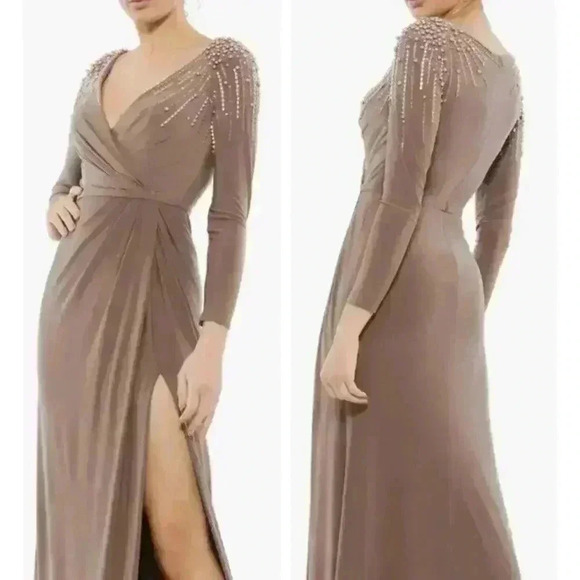 MAC DUGGAL GOWN 18 MAXI DRESS 55715 MOCHA FAUX WRAP JERSEY EMBELLISHED CRYSTALS - Picture 1 of 13